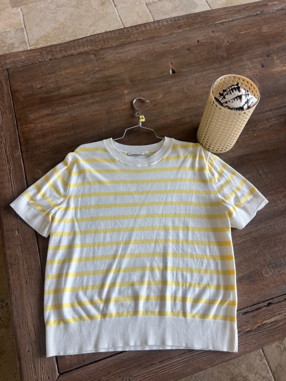 Banana Republic White & Yellow Striped Short Sleeve Sweater